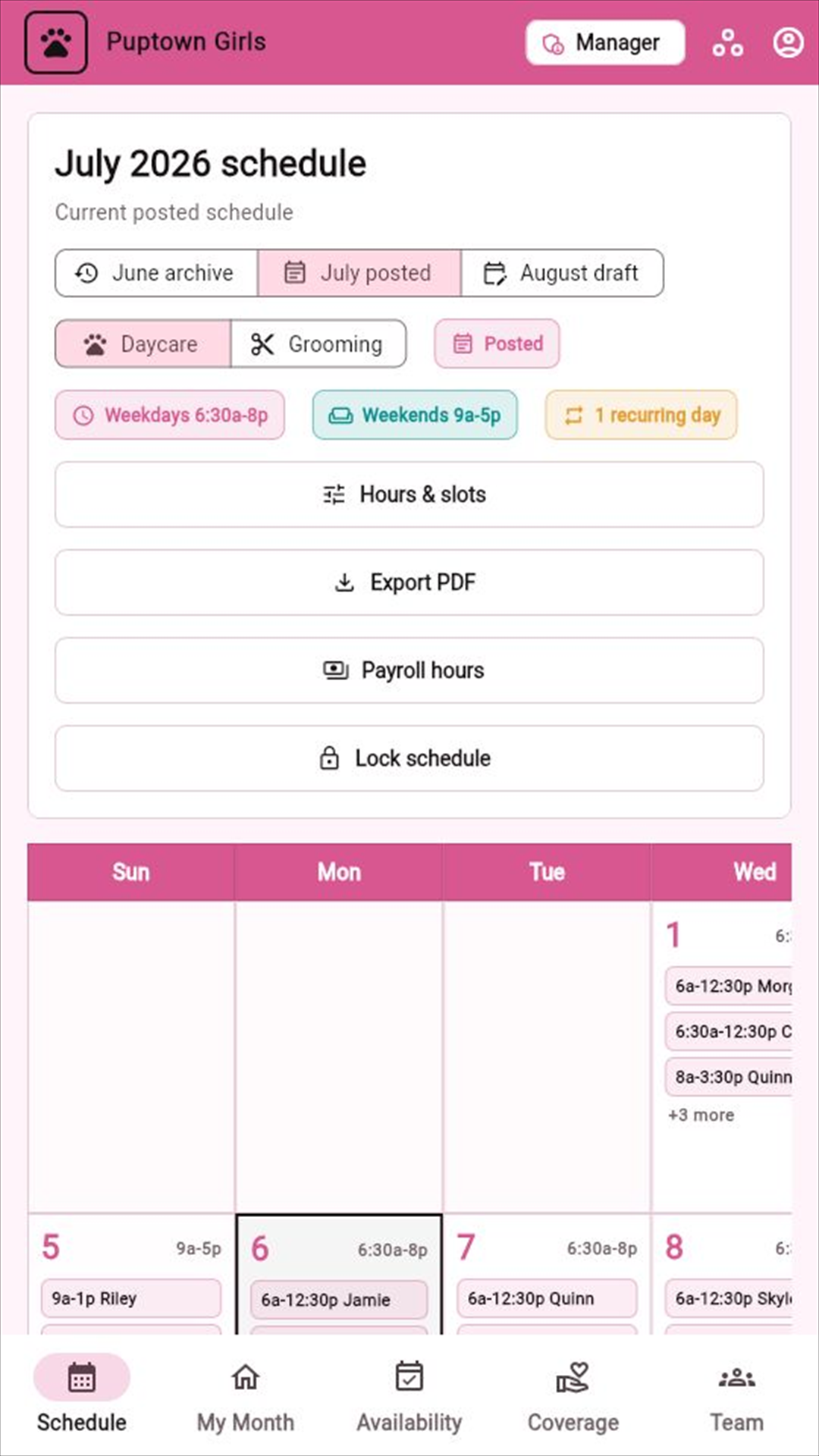 PupSchedule manager calendar with a fictional schedule