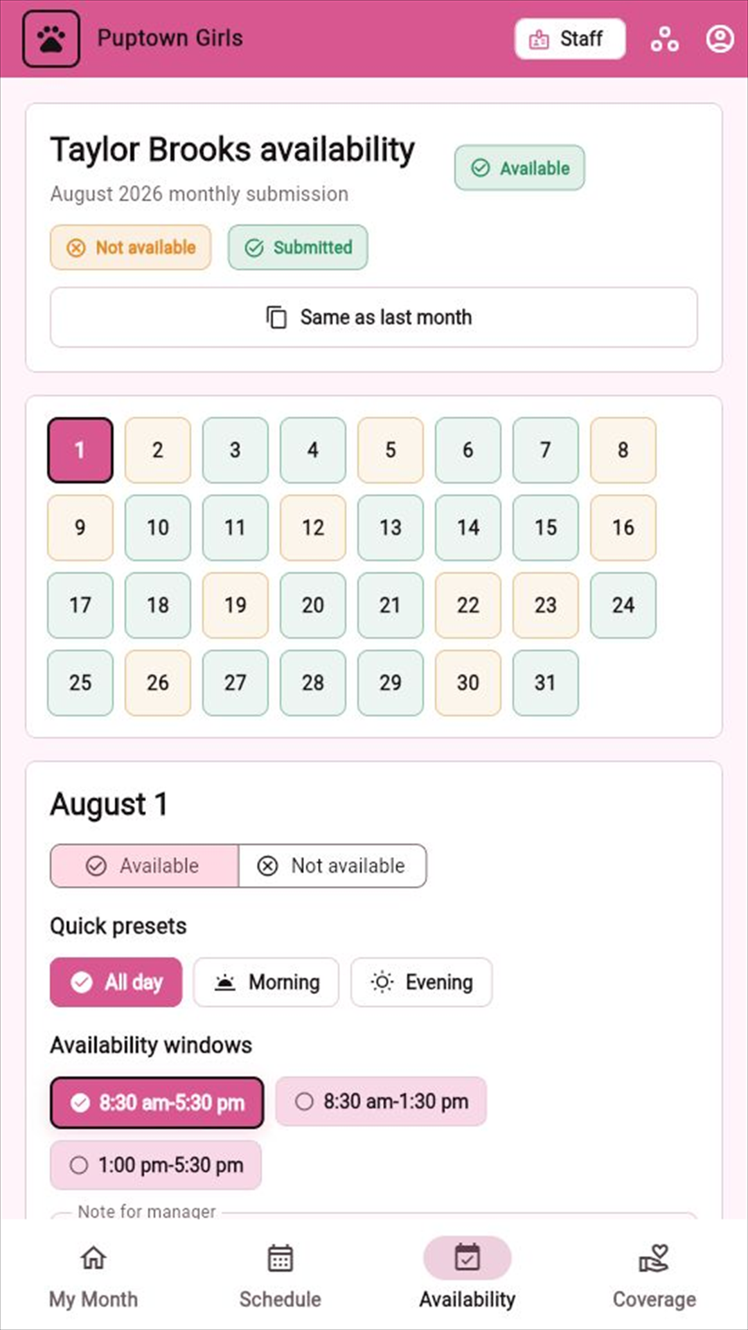 PupSchedule staff availability form with fictional data