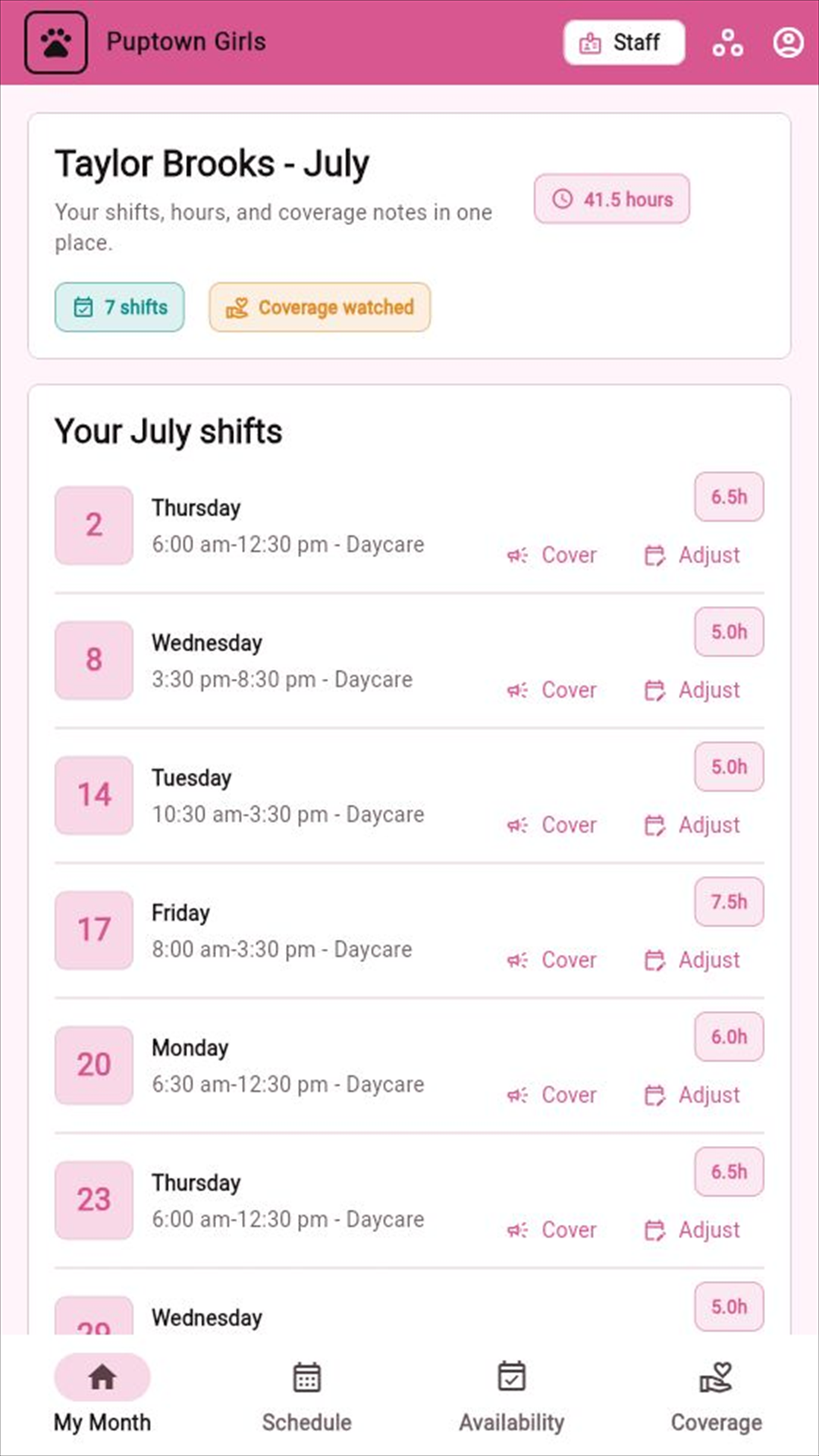 PupSchedule staff month view with fictional shifts